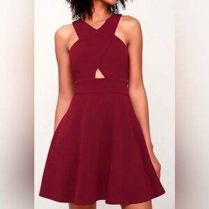 Lulus So sophisticated Burgundy cutout skater dress